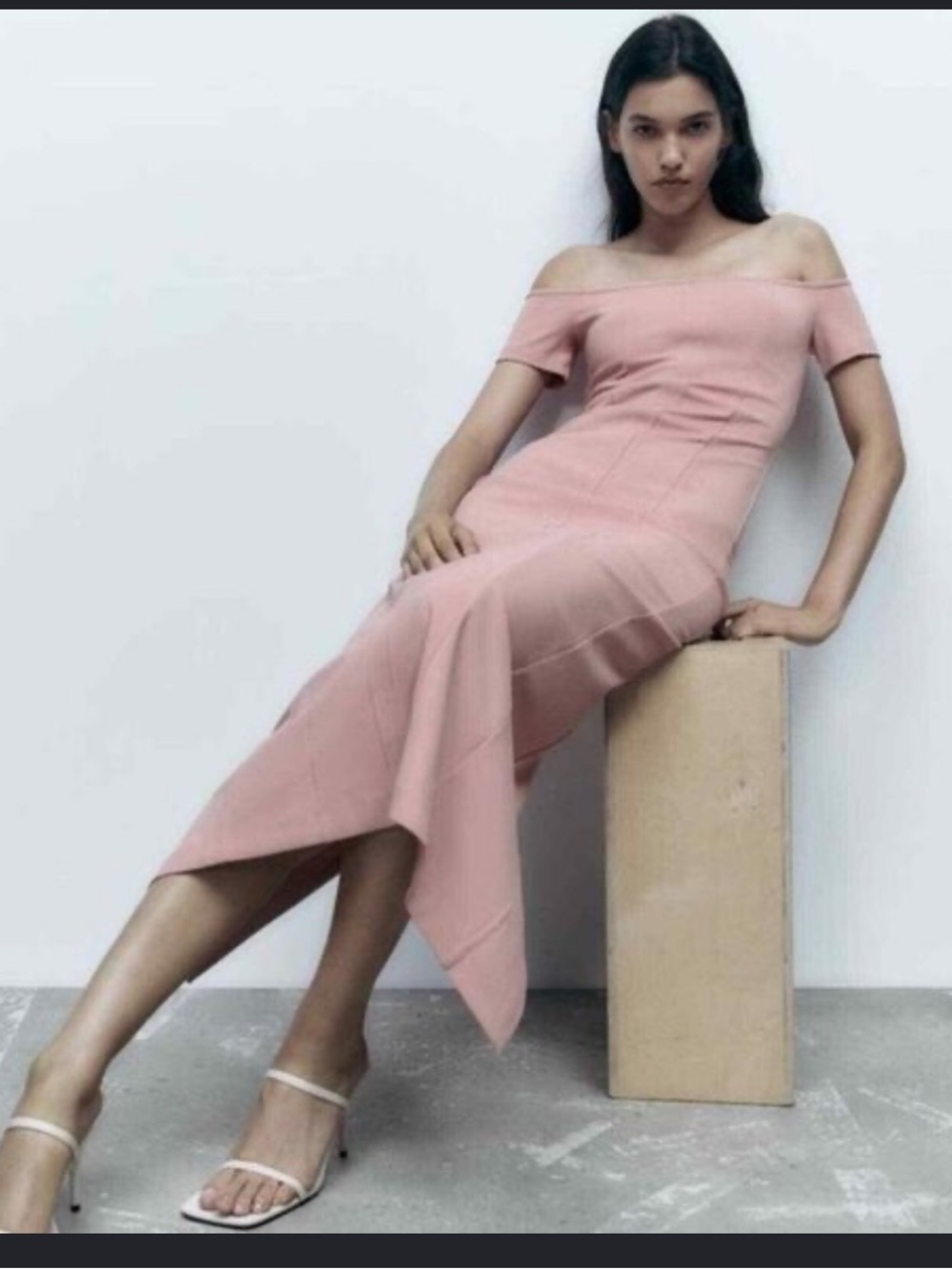 Zara Pink Topstitched Off The Shoulder Midi Dress